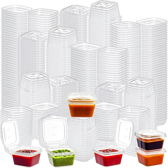 YANTONG 300 Pieces 1 oz Square Containers with Hinged Lids, Disposable Dipping Sauce Cups Small Plastic Condiment Cup, Leak Proof Square Sauce Container For Food Samples, Salad Dressing