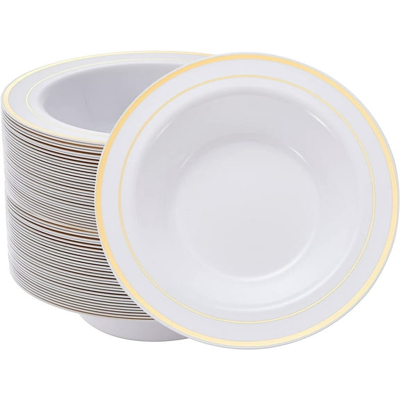 YANTONG 30PCS Disposable Plastic Bowls with Gold Rim, 12 oz Fancy White Plastic Bowls, Premium Dessert Salad Bowls Perfect for Party, Wedding and Everyday Use