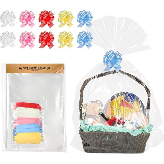 YANTONG 30X40 Inches 10 Pcs Large Cellophane Wrap For Gift Baskets, Plastic Gift Basket Bags With Pull Bows, Clear Cellophane Gift Bags For Party, MotherS Day, Christmas, Easter