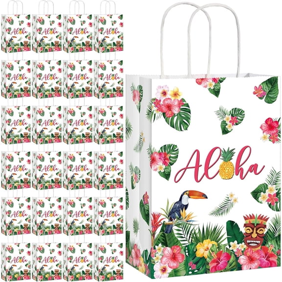 YANTONG 32 Pack Hawaiian Gift Bag Luau Party Summer Tropical Palm Leaf Paper Bag with Handle for Candy Treat Summer Tropical Aloha Festival Hawaiian Luau Holiday Party Supplies Favor