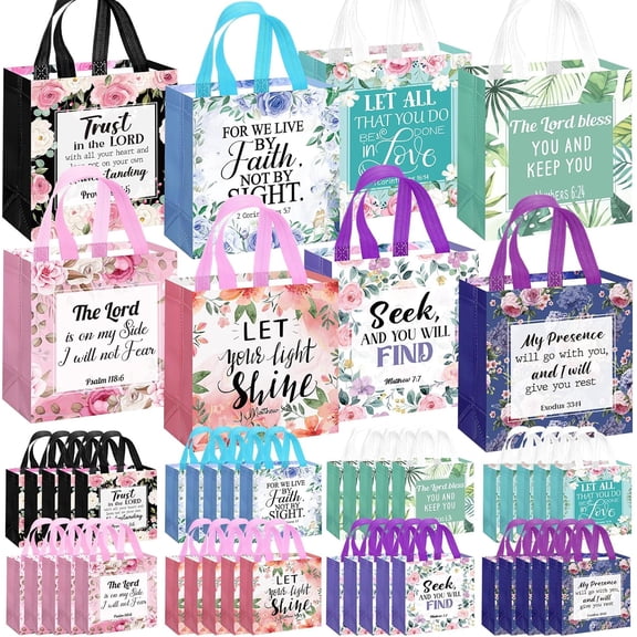 YANTONG 32 Pcs Religious Gift Bags Bulk for Women, Non Woven Christian Gift Bag with Handle, Reusable Flower Religious Baptism Bible Verse Tote for Catholic Theme Party Favors