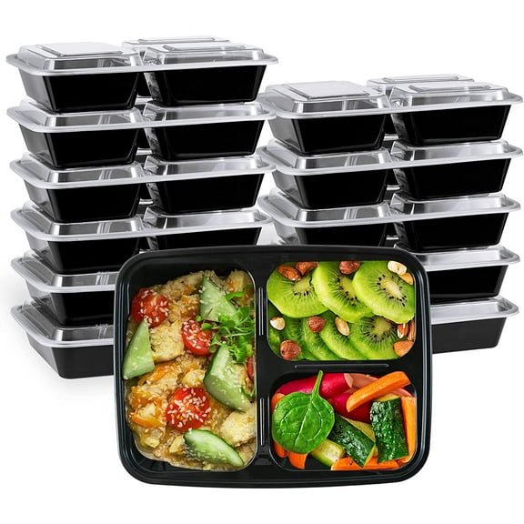 YANTONG 32 oz 3 Compartment Meal Prep Containers With Lids 20 Count To Go, Plastic Disposable Food Containers Microwave and Freezer Safe
