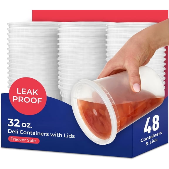 YANTONG 32oz Plastic Deli Containers with Lids (48 Pack), Disposable Plastic Food Storage Containers with Lids, Reusable Freezer Containers, To Go Soup Containers, Microwave Safe