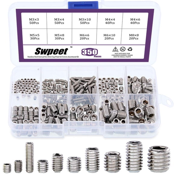 YANTONG 350 Pcs Stainless Steel Allen Head Socket Hex Grub Screw Assortment Kit, Including 10 Sizes M3/4/5/6/8 Stainless Steel Internal Hex Drive Cup-Point Set Screws for Door Handles