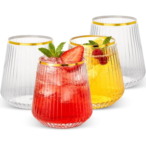 YANTONG 36 Pack 12oz Stemless Plastic Wine Glasses  Clear Ribbed Cups with Gold Rim, Fancy Reusable Disposable Drinkware for Weddings, Parties, Bars, Indoor and Outdoor Events