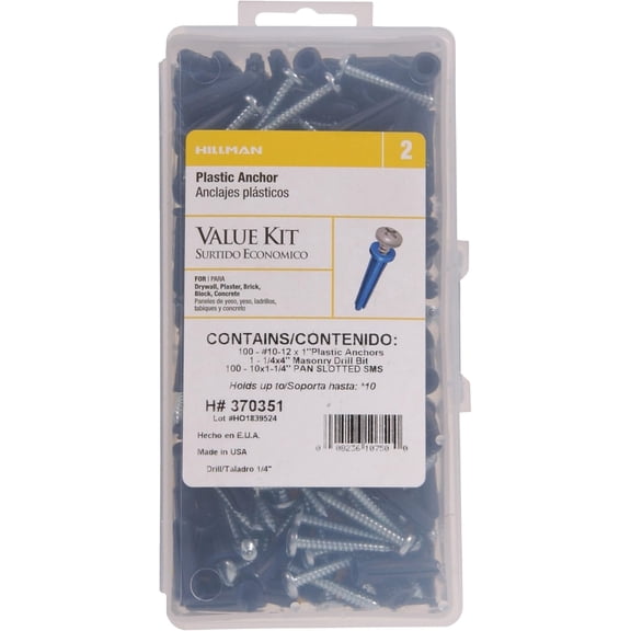 YANTONG 370351 Plastic Anchor Kit Number 10-12 Includes Screws and Drill Bit , 1-Pack , Blue
