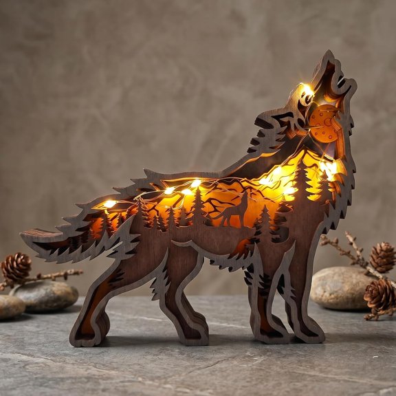 YANTONG 3D Wood Carving Animals Lamp Home Decorative, Cute Bear Family Elephant Presents Ideas Christmas Living Room Office Decor Warm LED Night Lights Gift for Friend Daughter Son Mom Dad (Wolf)