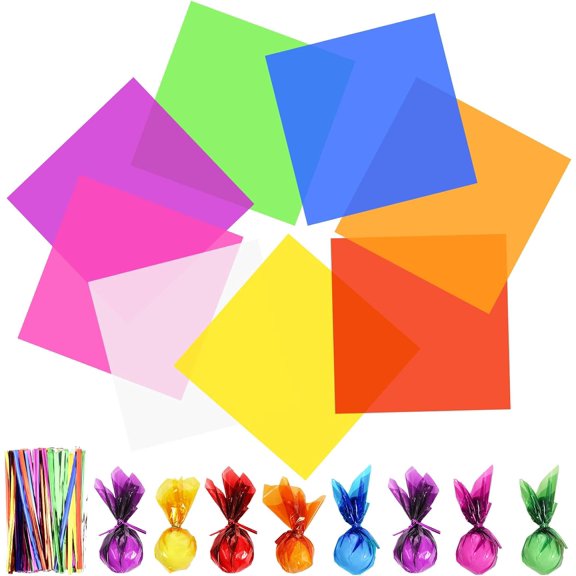YANTONG 40 Pcs Colored Cellophane Paper Cello Sheets Wraps Cellophane Transparent Gift Wrap with 120 pieces Metallic Twist Ties for DIY Arts Crafts Gifts Treats Candy Wrapping (14x14 Inch,Multicolor)