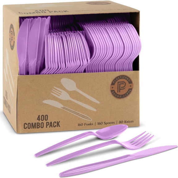 YANTONG 400 Pack Disposable Plastic Utensils Assorted Colored Cutlery Combo Set Forks Spoons Knives Silverware, Purple Plastic Cutlery for Parties