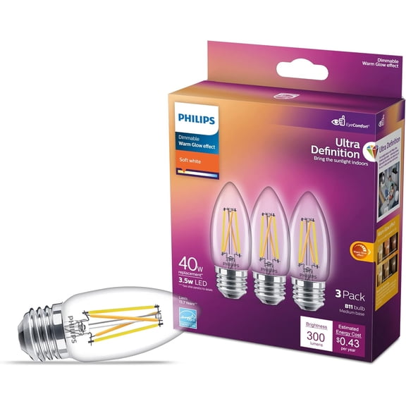 YANTONG 40W BA11 E26 Base 3-Pack Ultra Definition Soft White (2700K) 300 Lumen (3.5W = 40W) Dimmable Frosted Flicker-Free Candelabra Light Bulbs
