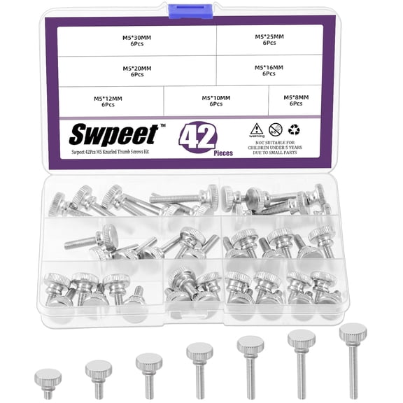 YANTONG 42Pcs 7 Size M58/10/12/16/20/25/30mm Nickel Plated Knurled Thumb Screws Assortment Kit, Flat Knurled Head Thumb Screws, Fully Threaded Screws Bolts Fastener, Shoulder Grip Knobs