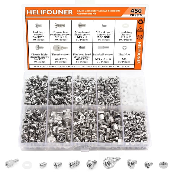 YANTONG 450 Pieces Computer Standoffs Screws Assortment Kit for 2.5" SSD, Hard Drive, Computer Case, Motherboard, Fan Power Graphics with Screwdriver, Silver