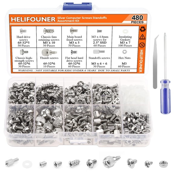 YANTONG 480 Pieces Computer Standoffs Screws Assortment Kit for 2.5" SSD, Hard Drive, Computer Case, Motherboard, Fan Power Graphics with Screwdriver, Silver