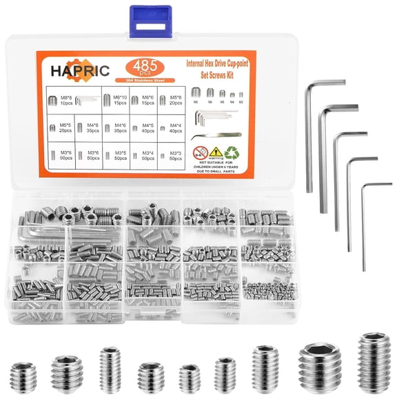 YANTONG 485 Pcs 304 Stainless Steel Set Screws 14 Size Set Screw Assortment Kit M3/M4/M5/M6/M8 Head Socket Hex Metric Cup-Point Screws