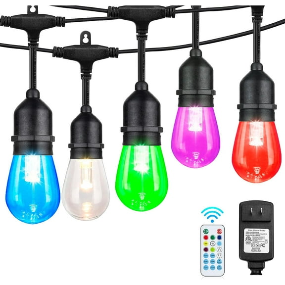 YANTONG 48FT RGB Outdoor String Lights, Dimmable Color Changing Waterproof LED Patio Lights with Remote, 15 Shatterproof Bulbs for Porch Balcony Garden Party Decor