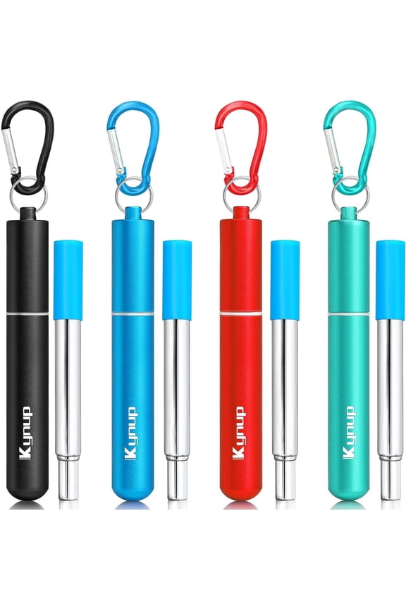 4Packs Reusable Straws, Metal Straw with Silicon, Travel Drinking Straws with Case, Keychain, Cleaning Brushes, Silicon Pcs Perfect for Travel, Gifts (20 PCS) Blue-Black-Red-Turquoise