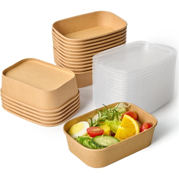YANTONG 50 Pack Paper Food Containers with Lids, 19 oz Disposable Meal Prep Containers, Rectangular Paper Bowls with Lids for Thanksgiving, Christmas, Parties