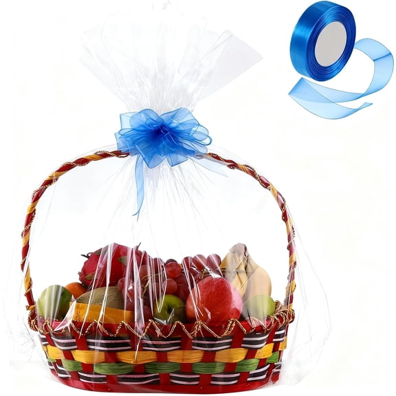 YANTONG 50 Packs Large Clear Cellophane Basket Bags 24" x 30" Cellophane Basket Gift Bags Heavy-duty Plastic Wrapping Paper for Gifts, Arts, Crafts, Treats, Blue Chiffon Ribbon