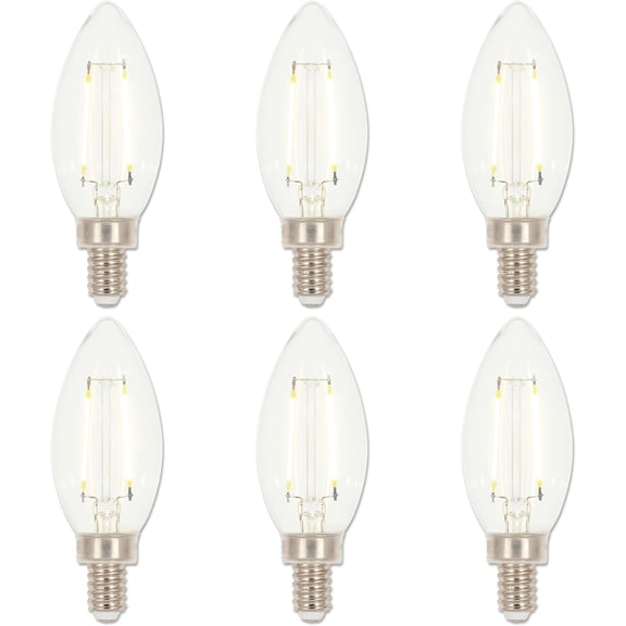 YANTONG 5059220 2 Watt (25 Watt Equivalent) B11 Dimmable Clear Filament LED Light Bulb, Candelabra Base, 6 Pack