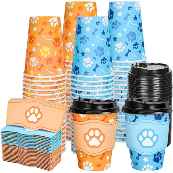 YANTONG 50Pcs Birthday Dog Paw Disposable Coffee Cup with Lids and Sleeves 12Oz Blue Orange Paw Themed Paper Drinking Cups for Puppy Pet Baby Shower Party Supplies