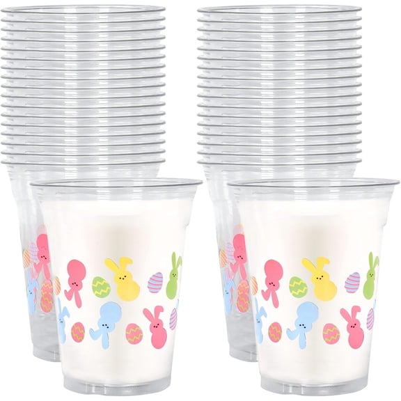 YANTONG 50Pcs Easter Plastic Cups 12 Oz Easter Egg Bunny Clear Drinking Cups Cute Rabbit Disposable Tumbler Cup for Spring Holiday Party Supplies