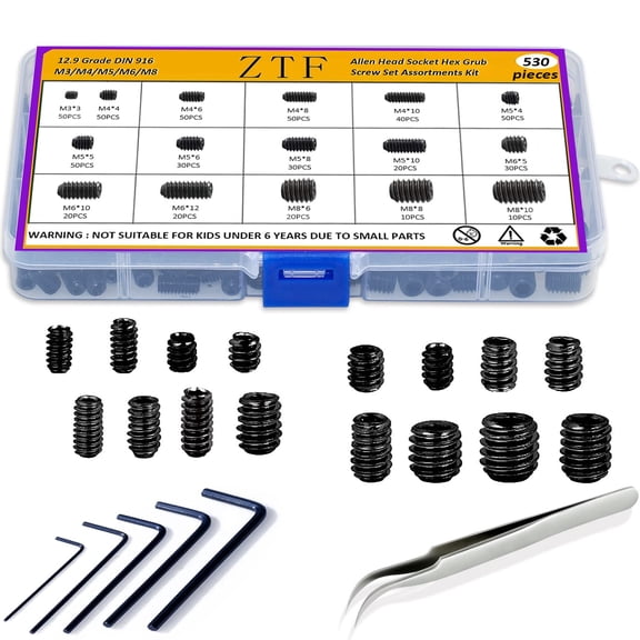 YANTONG 530Pcs Metric Set Screw Assortment Kit, M3/4/5/6/8 Grub Screws Internal Hex Drive Set Screws for Bathroom Fixtures, Door Handles knobs, Towel Rack Screws Replacement, 12.9 Grade Alloy Steel
