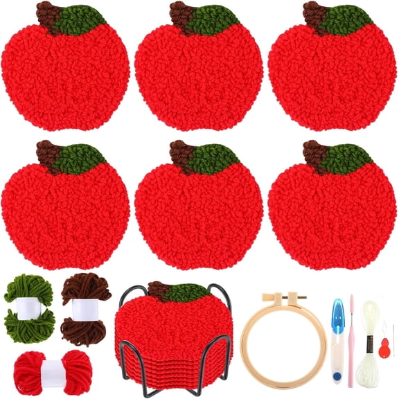 YANTONG 6 Pcs Punch Needle Coaster Kit for Beginners Apple Patterns Teacher Appreciation Gift Embroidery Craft Supplies with Yarns Tool Adhesive Felt Embroidery Hoop Instruction Holder for DIY Craft