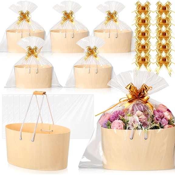 YANTONG 6 Set Baskets for Gifts Empty Large Wooden Basket with Handle 10 Pcs Cellophane Bag and Pull Flower Ribbon 12"x8"x6" Present Wrapping for Birthday Wedding Valentine's Day Housewarming