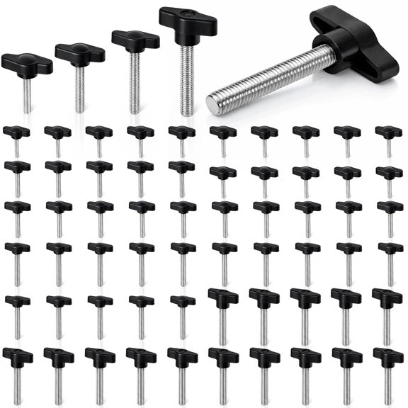 YANTONG 60 Pcs Thumb Screws Kit, 4MM M5 M6 M8 Plastic Tee Wing Thumb Screws, Carbon Steel Thread Clamping Knob, Quick Remove Hand Tighten Bolts for Machine Equipment Woodworking, 4 Size