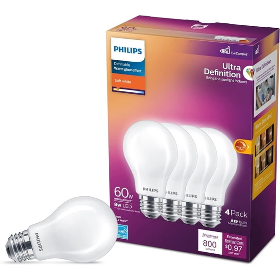 YANTONG 60W A19 4-Pack Ultra Definition Soft White LED Light Bulbs (2700K) 800 Lumen (8W = 60W) Dimmable Clear Flicker-Free Light Bulbs