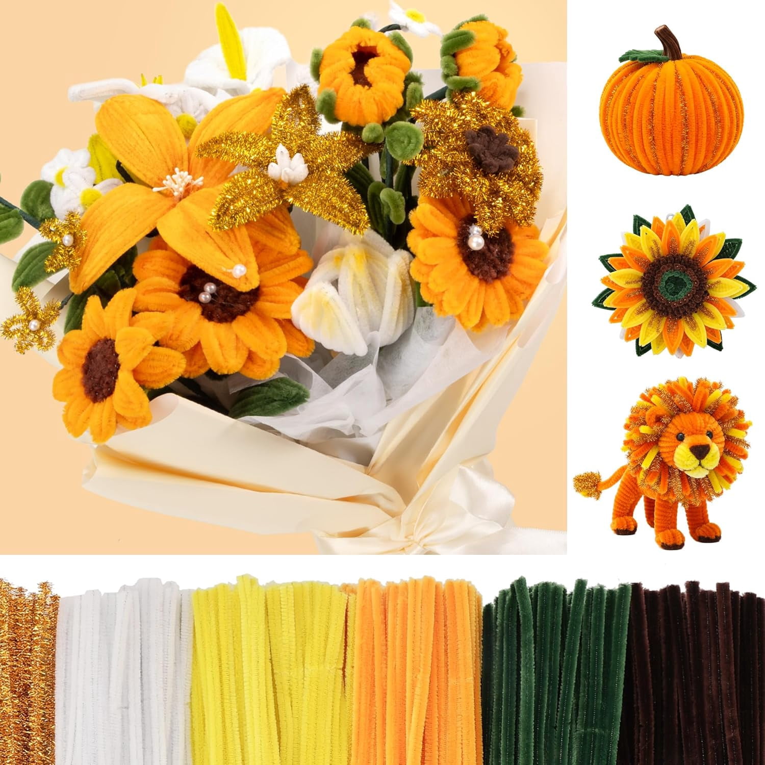 YANTONG 620 PCS Pipe Cleaners Flower Kit for Mother's Day, Yellow Chenille Stems Bulk with Floral Wires, Ribbons, Tapes, Stamens, Glue Sticks for Making Craft Pipe Cleaner Bouquets