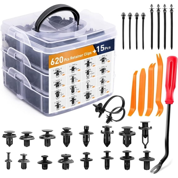 YANTONG 635Pcs Car Push Retainer Clips & Auto Fasteners Assortment -16 Most Popular Sizes Nylon Bumper Fender Rivets with 10 Cable Ties and Fasteners Remover for Toyota GM Ford Honda Acura Chrysler