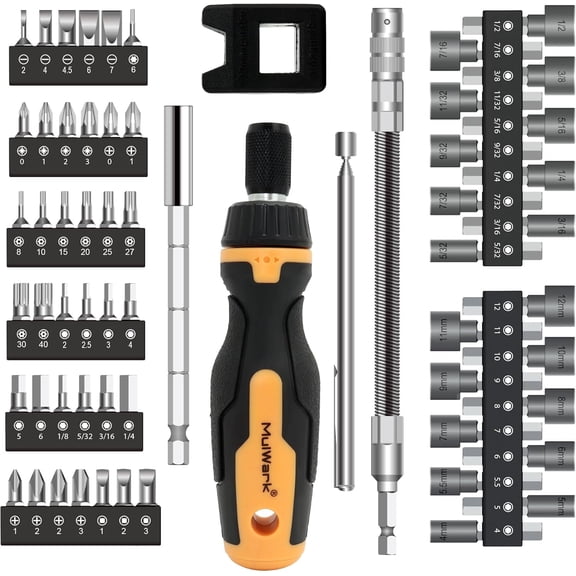 YANTONG 63PC Magnetic Ratcheting Screwdriver Bit Set Multibit Screw Driver with Screwdriver Bits Slotted, Torx, Hex, Pozi, Philips, Square; Nut Driver Set for SAE and Metric Christmas Gift