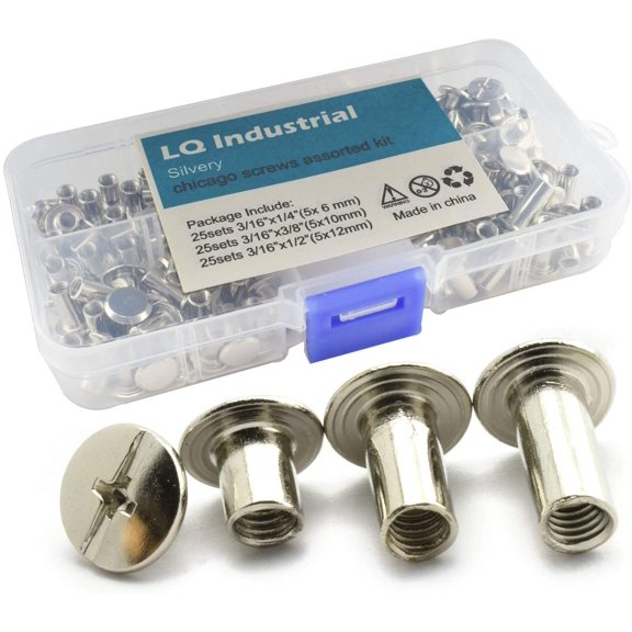 YANTONG 75 Sets Silver M5 Chicago Screw Assorted Kit Slotted Phillip Head Binding Screws Rivet Assembly Bolt Nail Rivet for Book Binding DIY Leather Craft M5x6 M5x10 M5x12