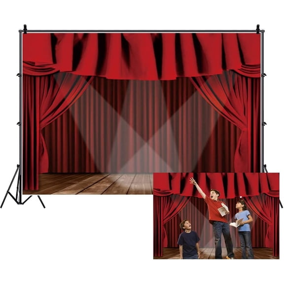 YANTONG 7x5ft Red Theater Stage Backdrop Velvet Curtain Spotlights Wooden Floor Music Theater Photography Background for Stage Show Baby Adults Wedding Portraits Photo Studio Props