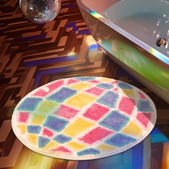 YANTONG 80's Disco Ball Bath Rug 25.5" Music Funky Round Bathroom Tufted Rug Area Mat with Non-Slip Backing Bath Mat for Vintage Home Rugs Gift for Disco Lover