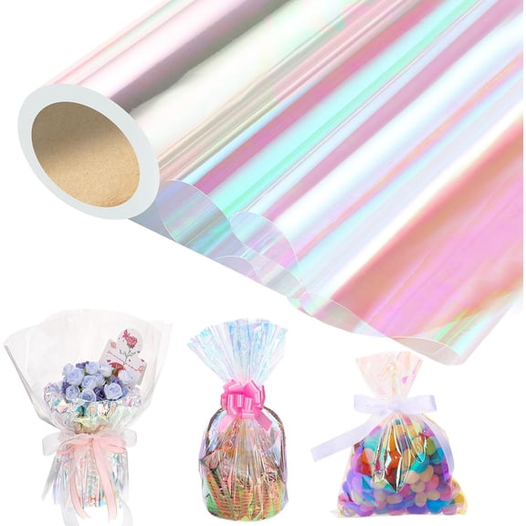 YANTONG 82 Ft X 17 In Cellophane Wrap for Gift Baskets Iridescent Cellophane Wrap Roll Clear Wrapping Paper for Birthday Baby Shower Wedding Flower Bouquet Graduation Halloween Party DIY Crafts