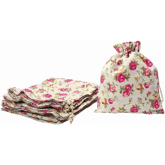 YANTONG 8X10 Inch Rose Burlap Drawstring Gift Bags for Favors - 20 Large Floral Linen Sacks Gift Pouches for Candy, Coffee, Jewelry, Wedding, and Party Supplies