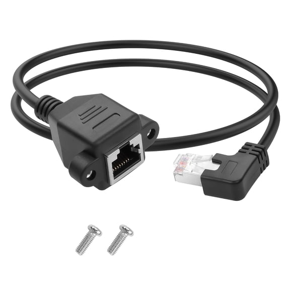 YANTONG 90 Degree Cat5e Ethernet Extension Cable 2FT/0.6M RJ45 Male to Female Shielded Ethernet Network Patch Cable with Panel Mounting Holes (Right Angle)