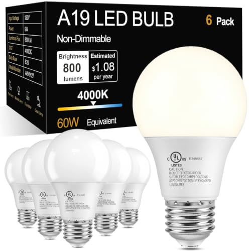 Efficient Store YANTONG A19 LED Light Bulbs, 4000K Cool Neutral White,60W Eq,E26 ...