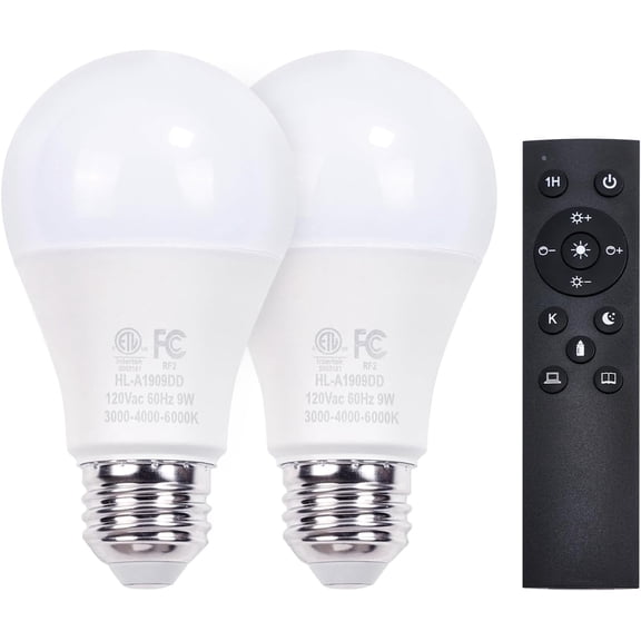 YANTONG A19 LED Remote Control Bulbs, 800LM 9W, Equivalent to 60W Bulbs, Dimmable Bulb with Remote Control 3000K-6000K, E26 Base, CRI 80+,2.4GHz, Lifespan Over 25,000 Hours (9W-1 Remote-2 Bulb)