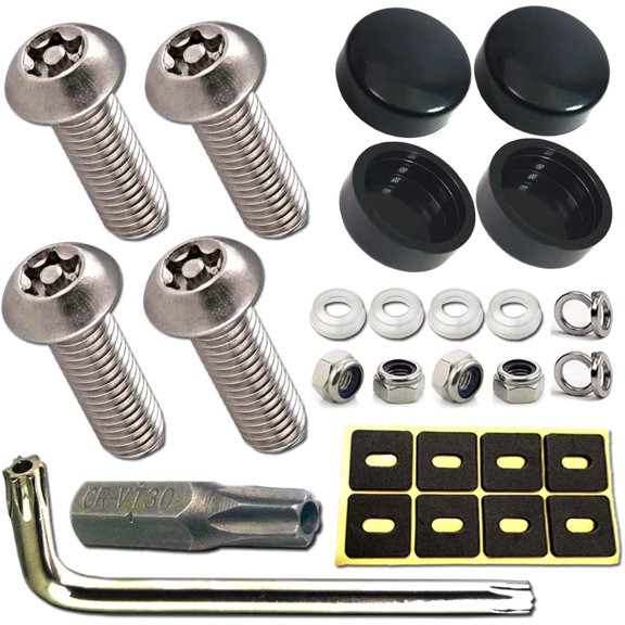 YANTONG Anti Theft License Plate Screws- Rust Stainless Steel Plate Screw Resistant Security Tamper Resistant MachineLicense Plate Bolt License Plate Frame Fastener, Black Caps, Anti-Rattle Pad