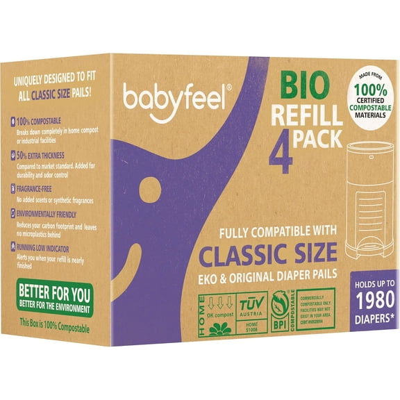 YANTONG BIO Refills Compatible with DEKOR CLASSIC Diaper Pails | 100% Compostable |4 Pack |50% Extra Thickness | Compost Refill bags with Running Low Indicator |Powerful Odor Control | Fragrance-free