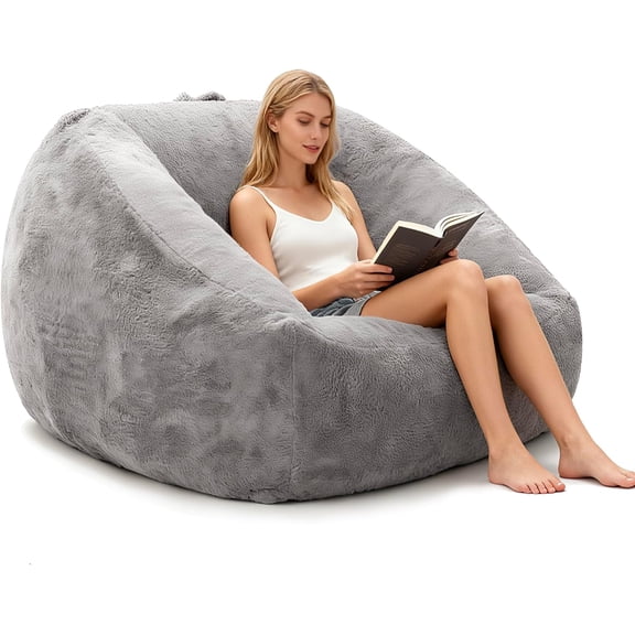 YANTONG Bean Bag Chair for Adults, Giant Bean Bag Couch with Armrests & Side Pocket, L-Shaped Faux Fur Beanbag Sofa Chair, Comfy Lounge Floor Sofa for Living Room Bedroom Reading Gaming, Grey