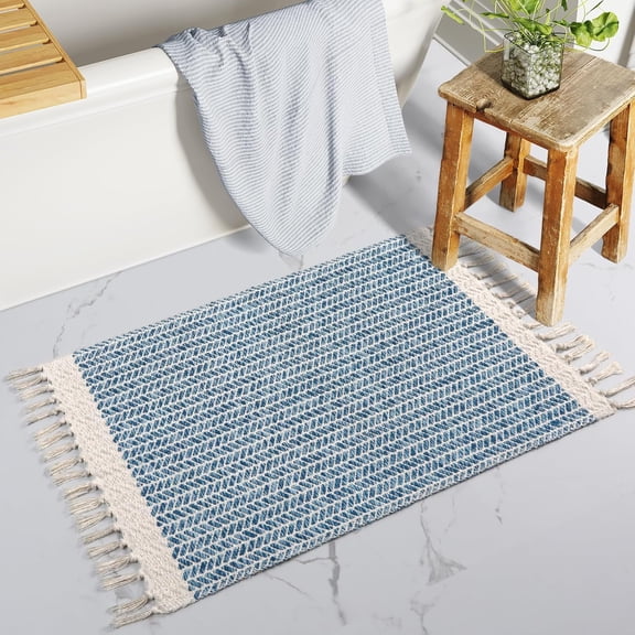 YANTONG Belle Boho Bathroom Rugs, Small 2x3 Front Door Bath Mats Lightweight Entryway Rug Woven Cotton Area Rug with Tassels, Farmhouse Blue Throw Rug Washable Low Pile Carpet for Kitchen