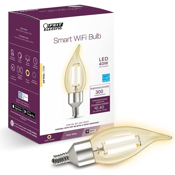 YANTONG CFC40/927CA/FIL/AG 40 Watt Equivalent WiFi Dimmable, No Hub Required, Alexa or Google Assistant, Flame Tip Filament Chandelier LED Smart Light Bulb, 4.3" H x 1.4" D, 2700K Soft White