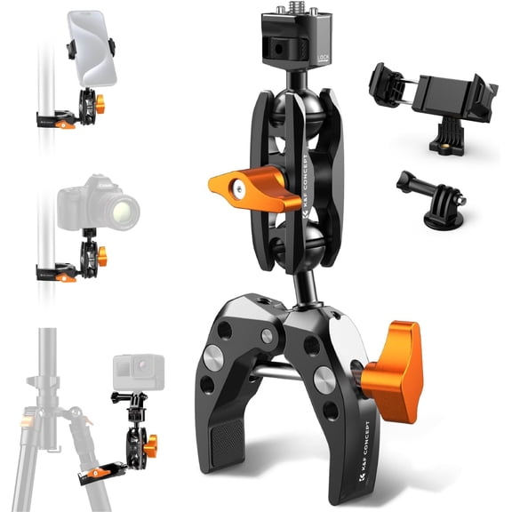 YANTONG Camera Clamp Mount, Super Clamp Mount Magic Arm with Two 360 Ball Heads, ARRI 1/4" Screw Threads for DSLRs, Action Camera, Tripod, Phone Compatible with Gopro/DJI/Insta360