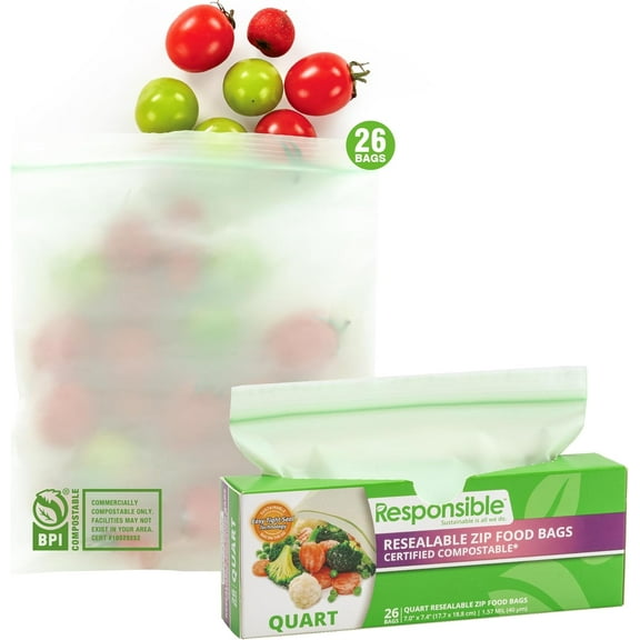 YANTONG Certified Compostable QUART Resealable Zip Bag, Extra Strength Food Bags, Plant-Based Freezer-Safe (26 Pack)