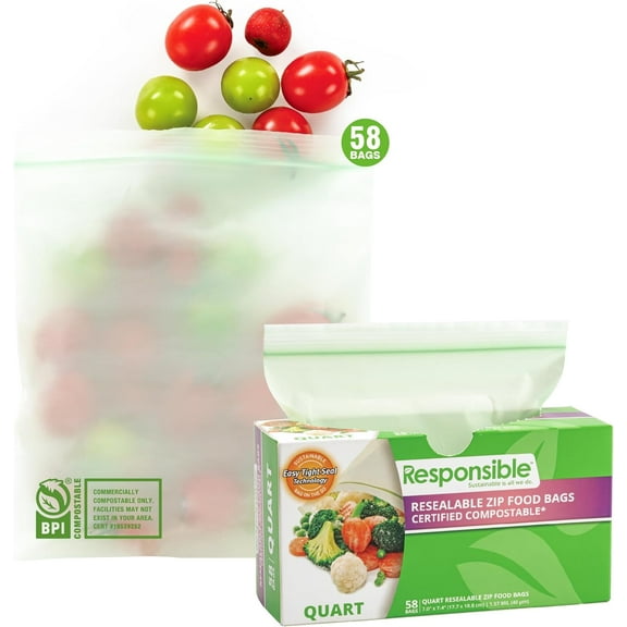 YANTONG Certified Compostable QUART Resealable Zip Bag, Extra Strength Food Bags, Plant-Based Freezer-Safe (58 Pack)