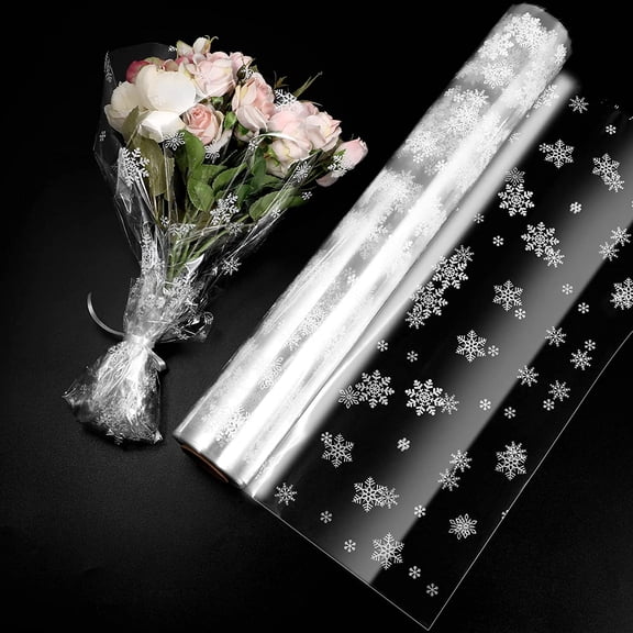 YANTONG Christmas Cellophane Wrap Roll: Unfolded Width 34 inch x 100ft, Snowflake Pattern Clear Paper Wrapper, 3 Mil Thicken Long Film Wrappings for Hampers Flowers, Bouquet, Basket, Packing Paper